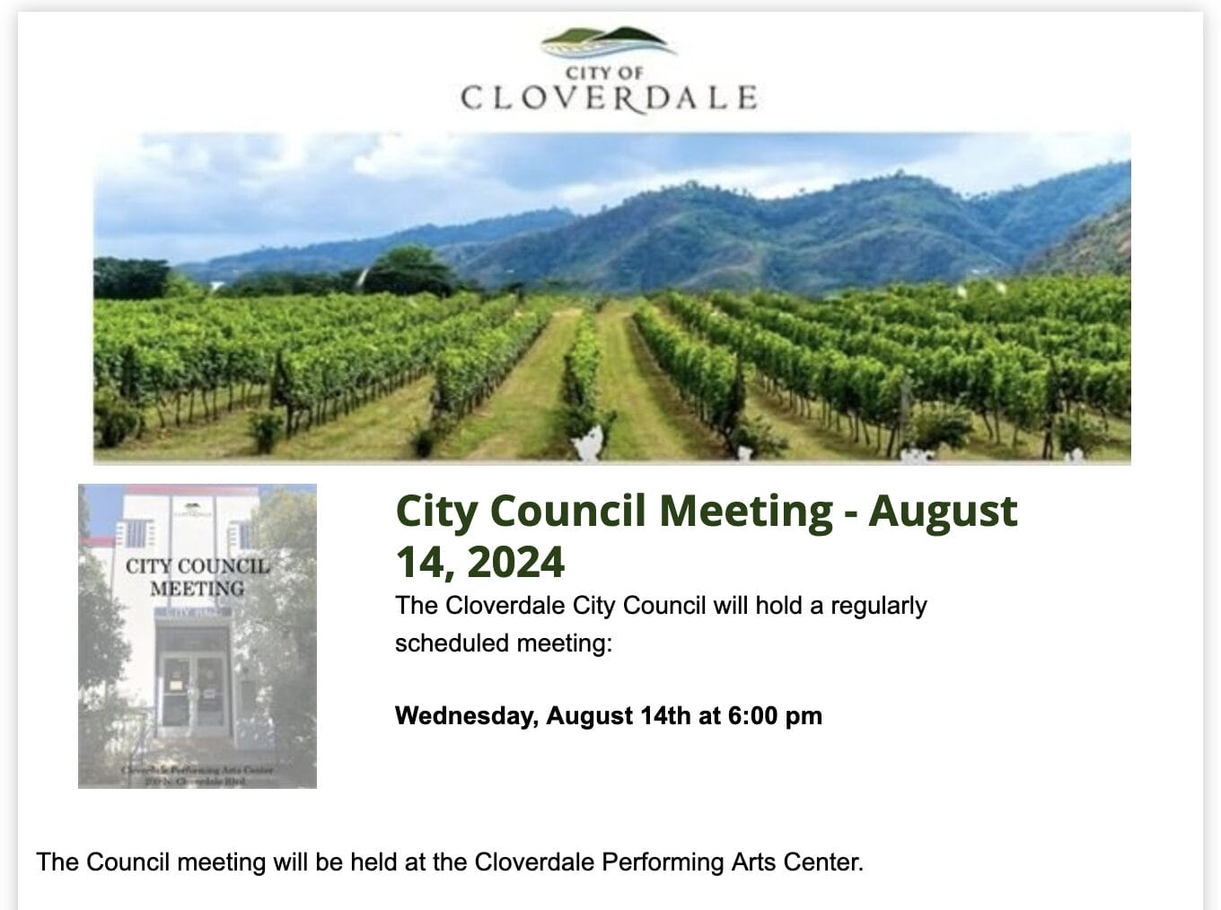 City of Cloverdale Weekly Newsletter screenshot
